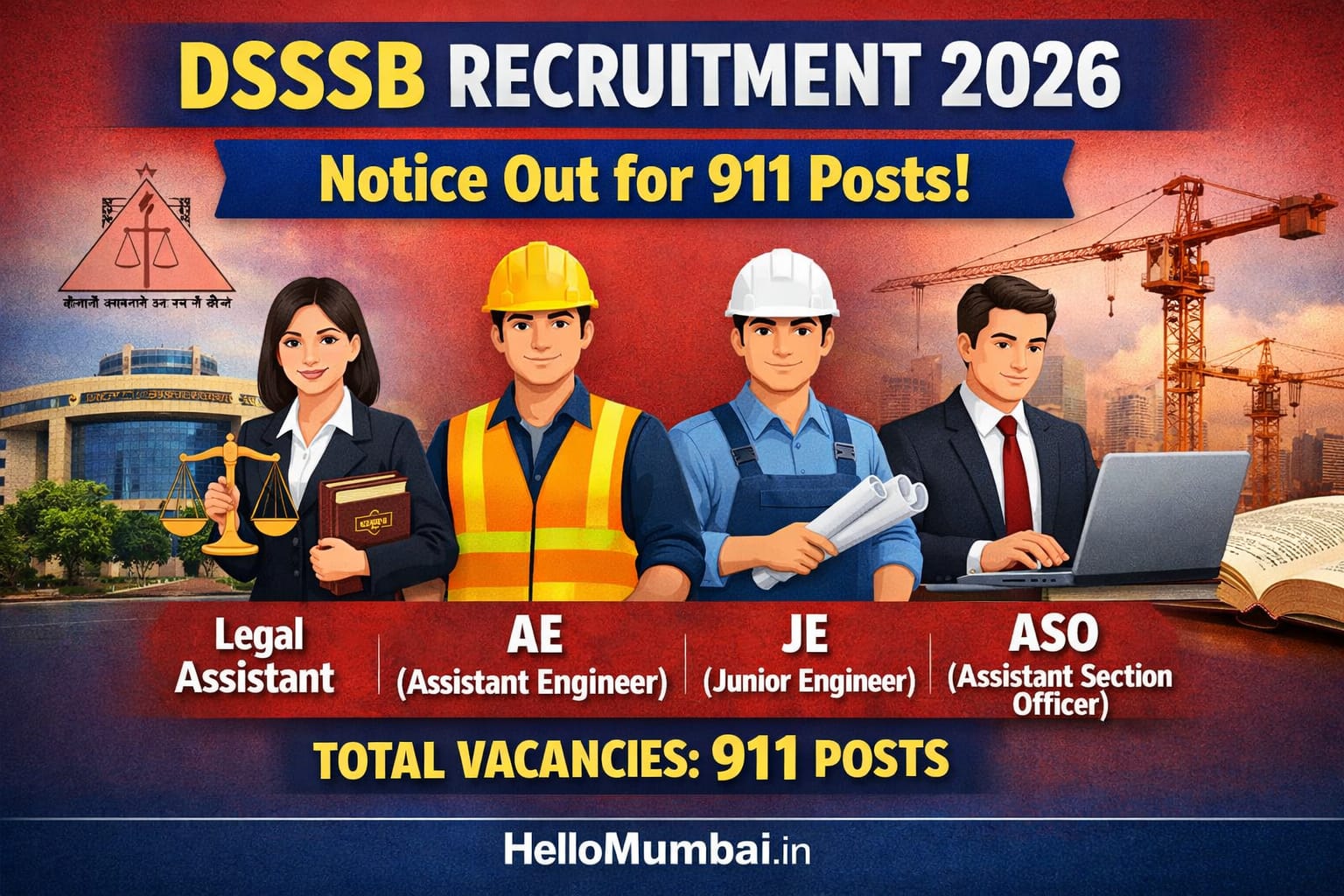 Delhi Subordinate Services Selection Board Recruitment 2026: 911 Legal Assistant, AE, JE & ASO Posts