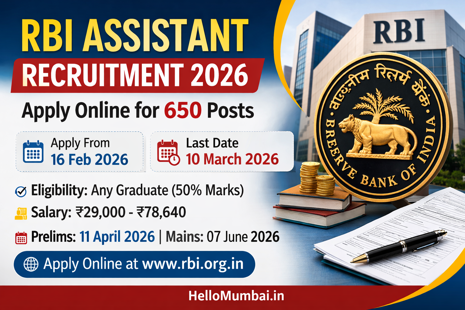 RBI Assistant Recruitment 2026 – Apply Online for 650 Posts