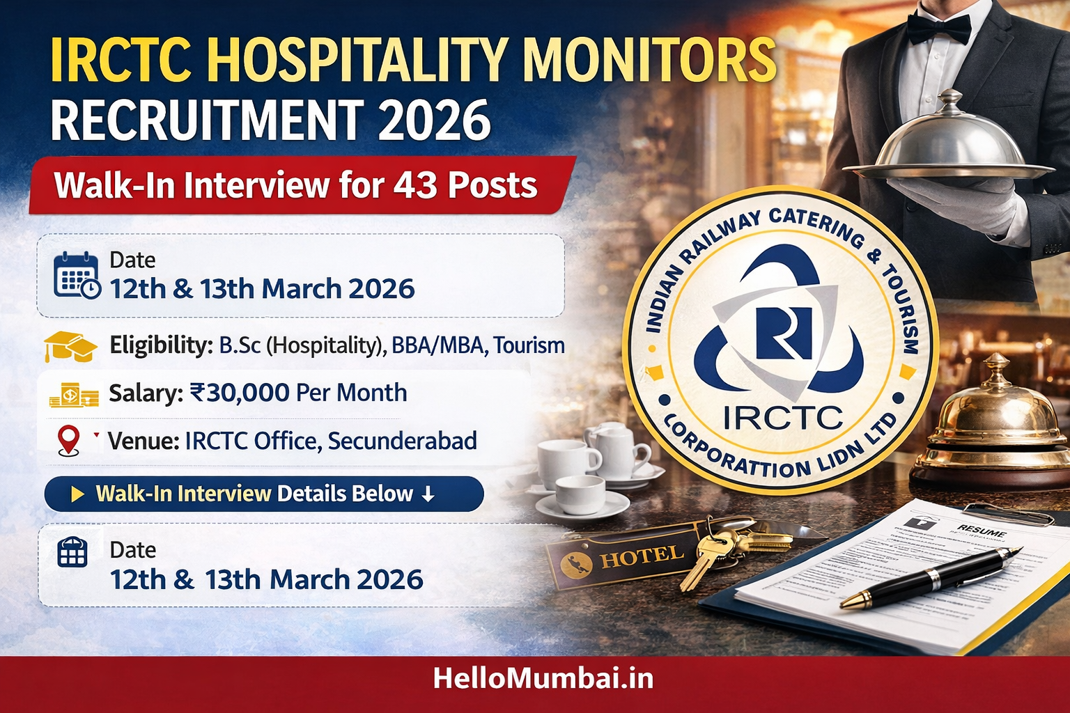 IRCTC Hospitality Monitors Recruitment 2026 – Walk-in Interview for 43 Posts