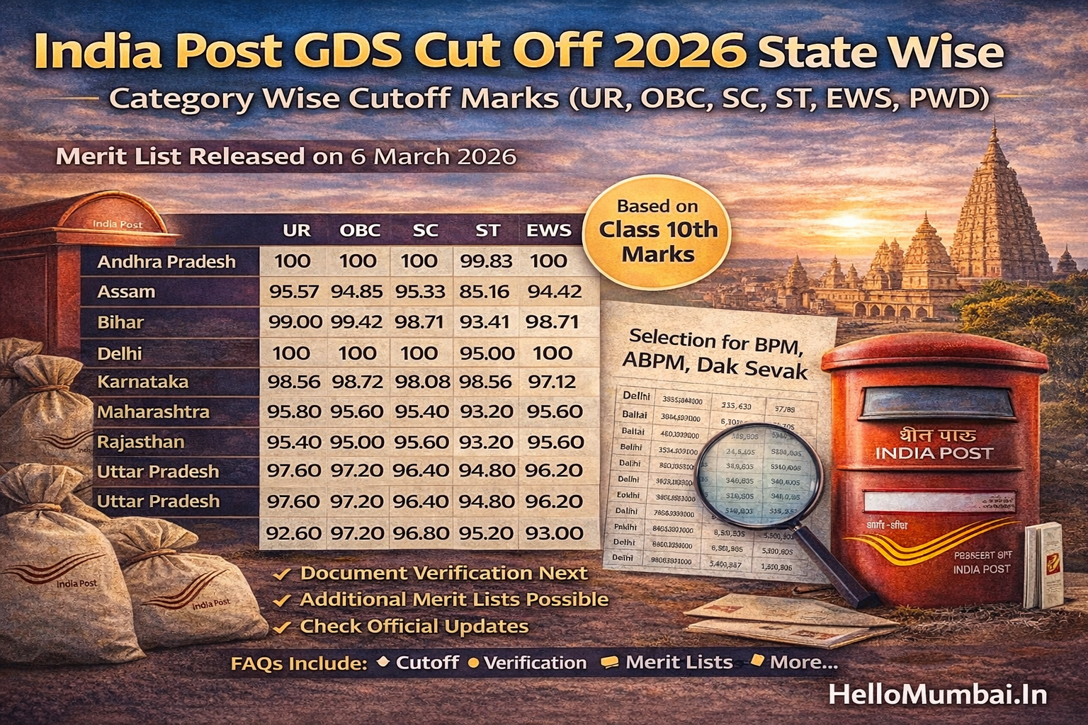 India Post GDS Cut Off 2026 State Wise – Category Wise Cutoff Marks