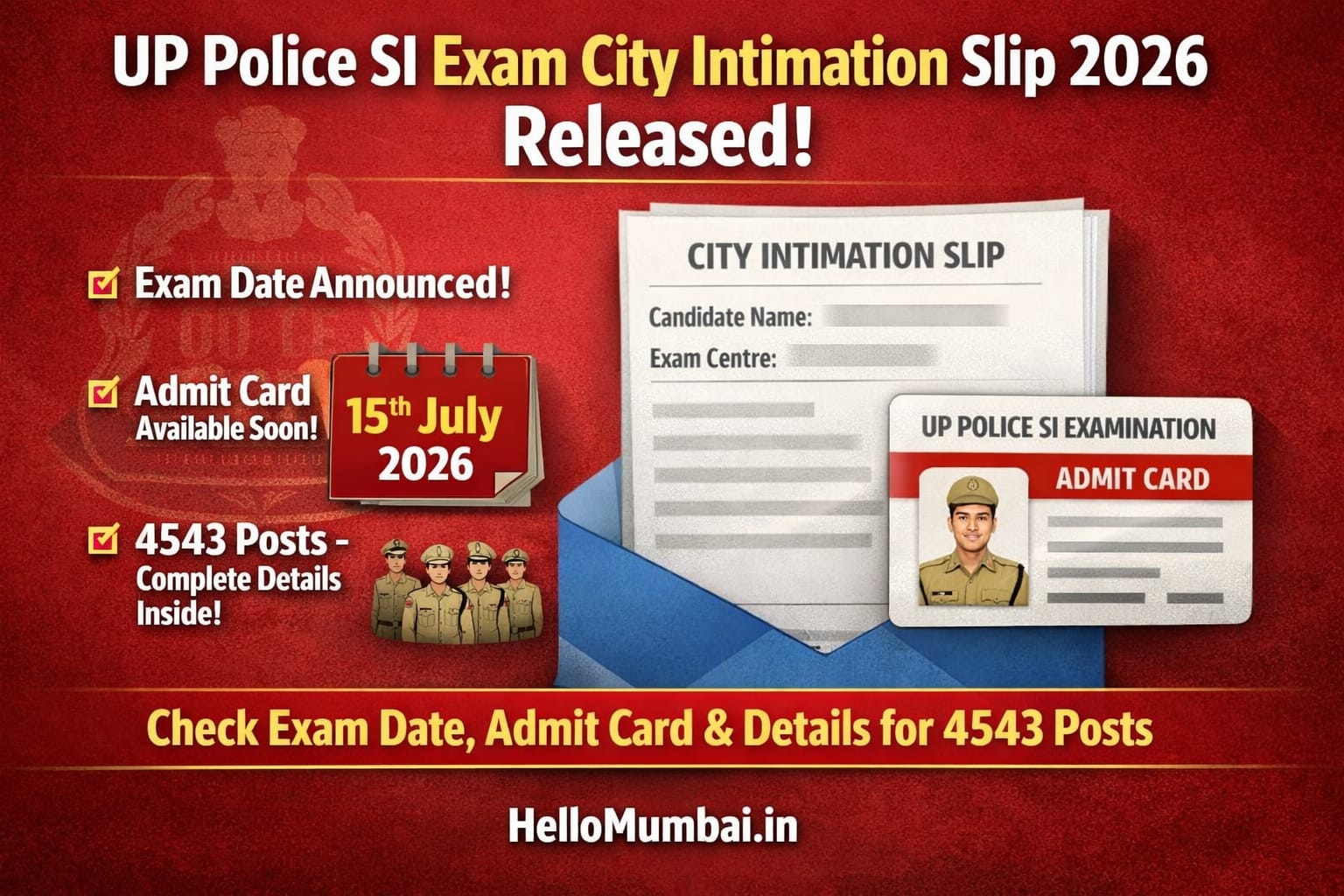 UP Police SI Exam City Intimation Slip 2026 Released